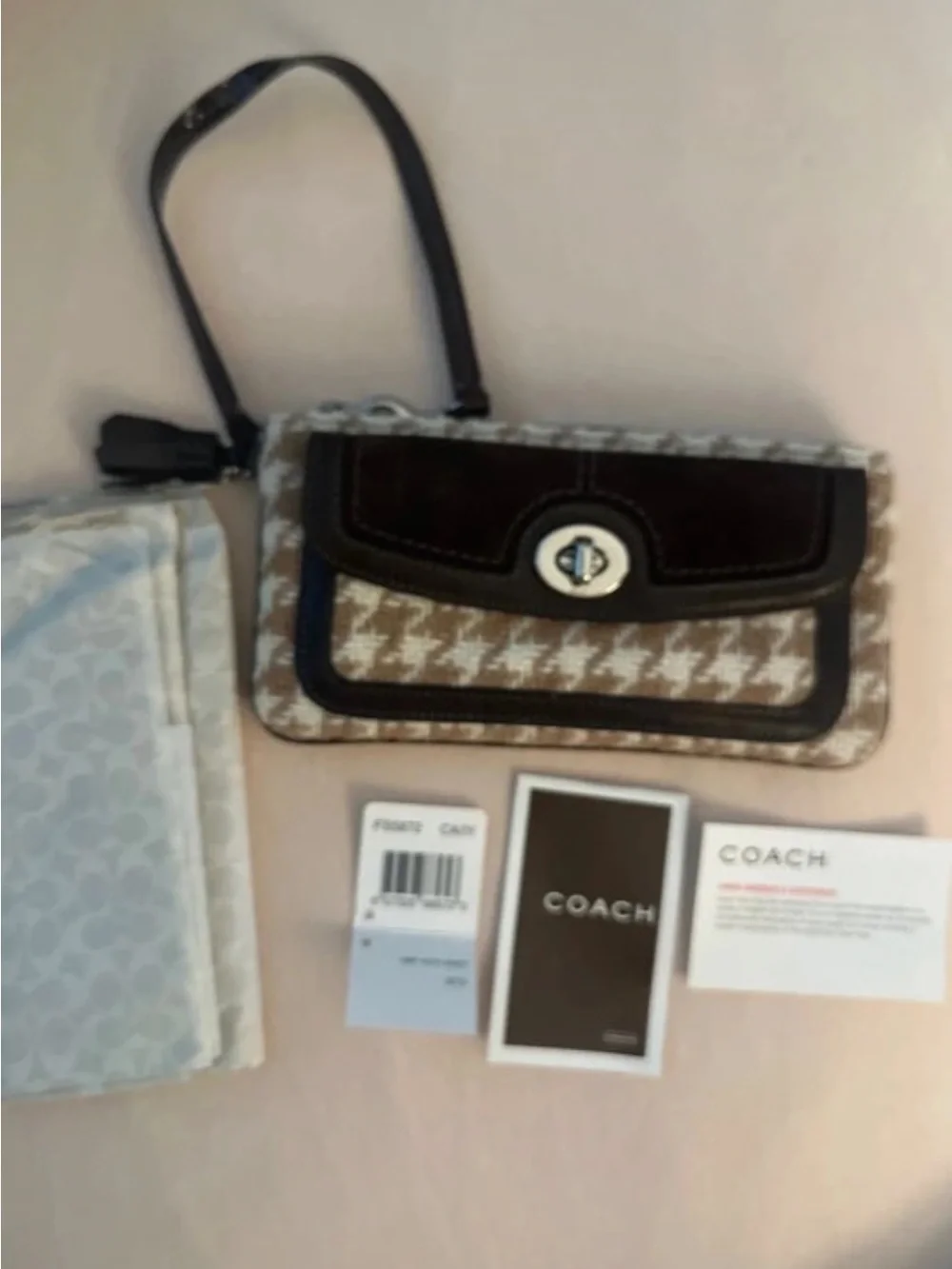 SOLD Coach Beige/Tan Wool Houndstooth Wristlet with Dark Brown Suede and Leather